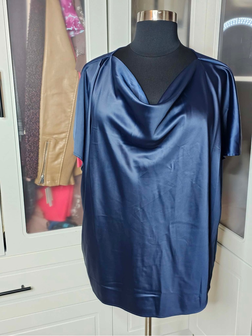 Universal Standard Navy Satin Cowl-Neck Blouse